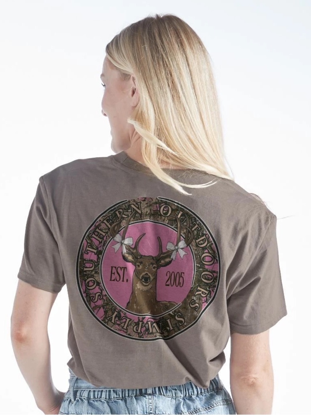 Simply Southern Taupe Tee with Pink Deer Logo size L